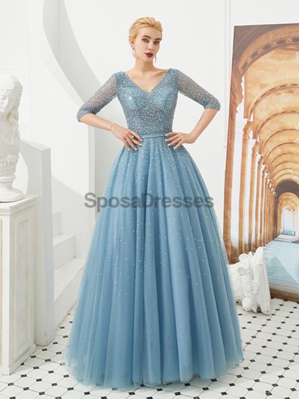 Long Sleeves Blue Beaded A-line Evening Prom Dresses, Evening Party Prom Dresses, 12130