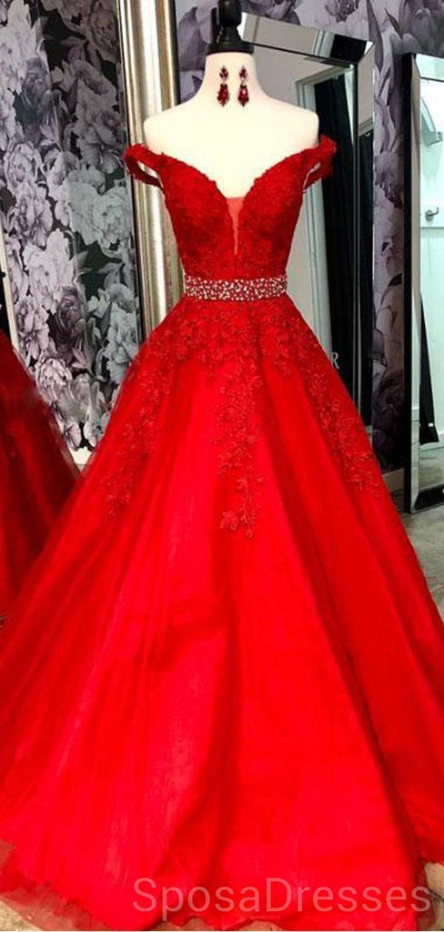 Off Shoulder Red Lace Beaded Evening Prom Dresses, Cheap Custom Sweet ...