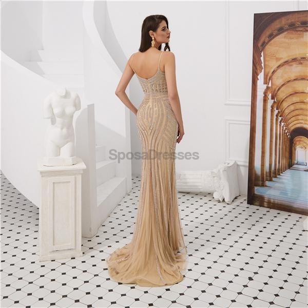 Spaghetti Straps Grey Beaded Mermaid Evening Prom Dresses, Evening Party Prom Dresses, 12084