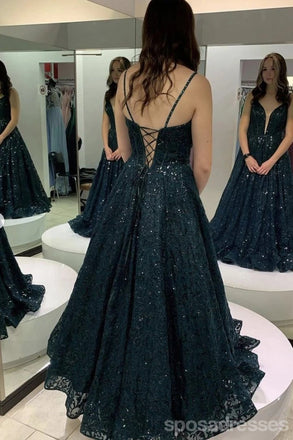 Sparkly Dusty Blue A-line V-neck Long Prom Dresses Online,Evening Party Dresses,12749