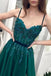 Dark Green A-line Spaghetti Straps High Slit Long Prom Dresses Online,12699
