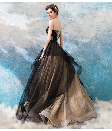 Sweetheart Black Strapless A-line Long Evening Party Prom Dresses, Prom Dresses Stores,12524