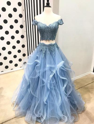 light blue two piece homecoming dress Two Pieces Blue Lace Mermaid Prom Dress Satin Evening Dress PSK159 US4 / Light Blue