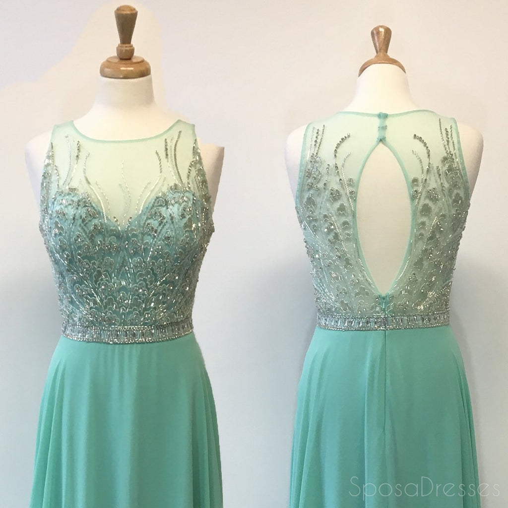 Sexy Open Back Mint Green Delicately Beaded Long Evening Prom Dresses, Popular Cheap Long Custom Party Prom Dresses, 17316