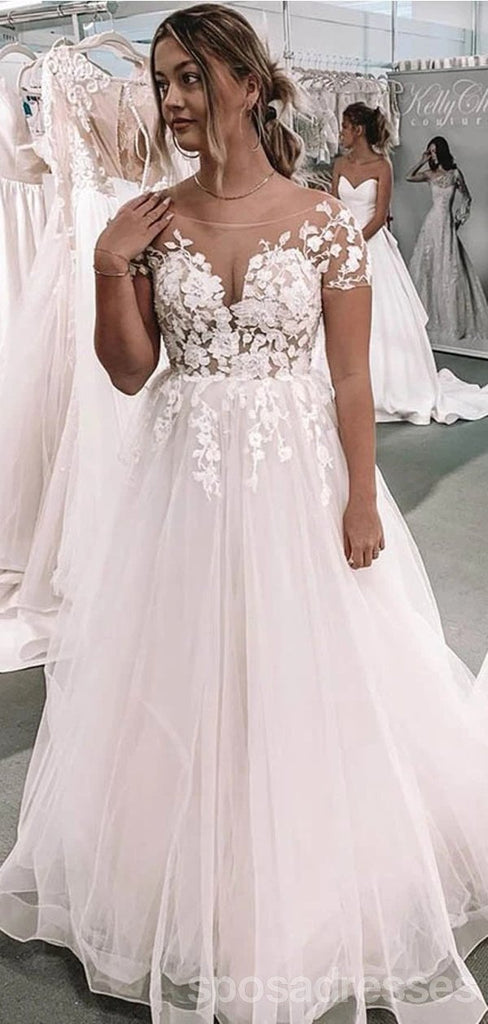 Short Sleeves Lace Applique Cheap Wedding Dresses Online, Cheap Bridal Dresses, WD615