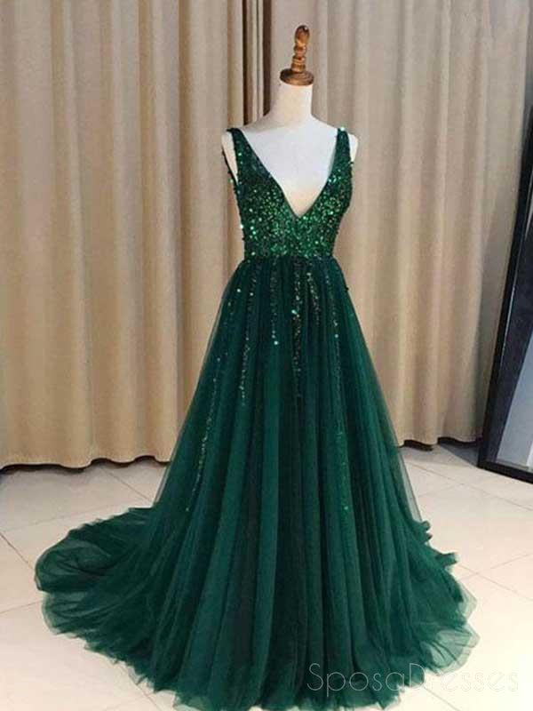 V Neck Emerald Green Tulle A line Long Custom Evening Prom Dresses, 17 SposaDresses V Neck Emerald Green Tulle A line Long Custom Evening Prom Dresses, 17 SposaDresses