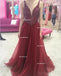Two Straps Heavily Beaded Dark Red A line Long Evening Prom Dresses, Popular Cheap Long 2018 Party Prom Dresses, 17276