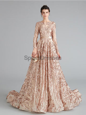 Long Sleeves Sparkly Rose Gold Backless Evening Prom Dresses, Evening Party Prom Dresses, 12111