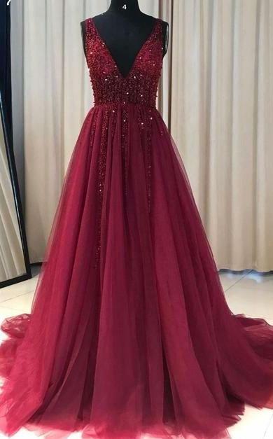 See Through V Neck Dark Red Beaded Long Evening Prom Dresses, Cheap Cu SposaDresses See Through V Neck Dark Red Beaded Long Evening Prom Dresses, Cheap Cu SposaDresses