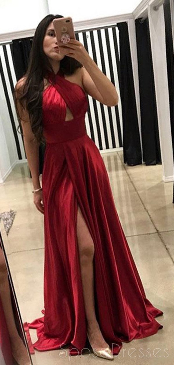 Halter Side Slit Burgundy Long Evening Prom Dresses, Cheap Custom Swee – SposaDresses