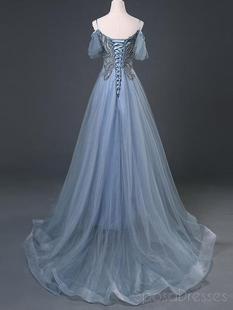 Spaghetti Straps Grey Blue Lace Beaded Cheap Long Evening Prom Dresses, Evening Party Prom Dresses, 18642