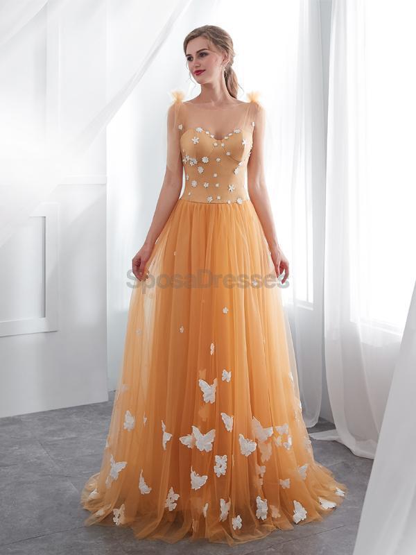 Scoop Butter Fly Orange A-line Tulle Evening Prom Dresses, Evening Party Prom Dresses, 12025