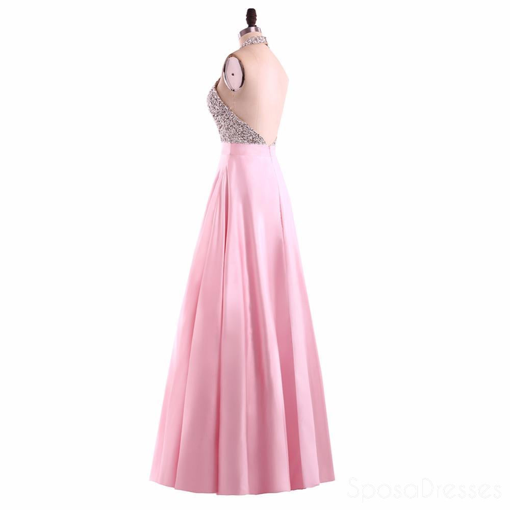 Sexy Backless Halter Heavily Beaded Pink Long Evening Prom Dresses, Popular Cheap Long 2018 Party Prom Dresses, 17236