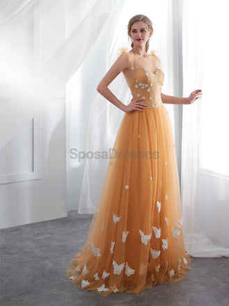 Scoop Butter Fly Orange A-line Tulle Evening Prom Dresses, Evening Party Prom Dresses, 12025