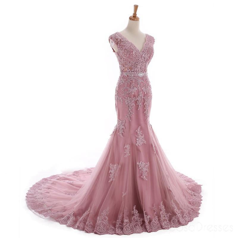 Sexy Lace Mermaid V Neckline Dusty Pink Long Evening Prom Dresses, Popular Cheap Long 2018 Party Prom Dresses, 17226