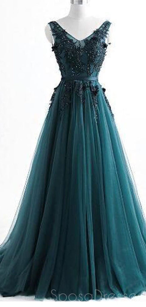 V Neck Dark Green Cheap Long Evening Prom Dresses, Sweet 16 Prom Dresses, 12378