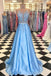 See Through Backless Halter Blue A-line Sparkly Tulle Long Evening Prom Dresses, 17563