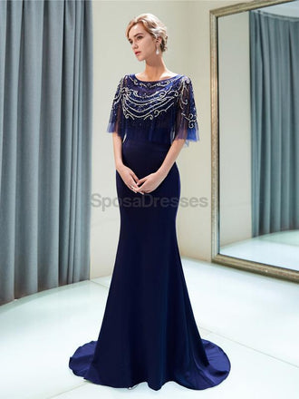 Scoop Navy Beaded 1/2 Long Sleeves Mermaid Evening Prom Dresses, Evening Party Prom Dresses, 12029