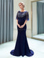 Scoop Navy Beaded 1/2 Long Sleeves Mermaid Evening Prom Dresses, Evening Party Prom Dresses, 12029