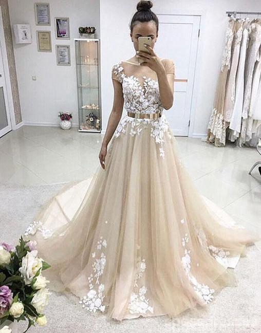 Short Sleeve Lace Bodice Gold Belt A line Long Evening Prom Dresses, P SposaDresses Short Sleeve Lace Bodice Gold Belt A line Long Evening Prom Dresses, P SposaDresses