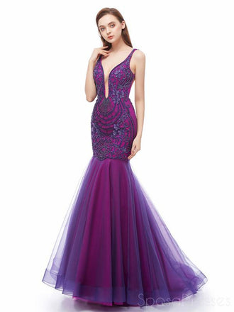 Sexy Backless Purple V Neck Mermaid Evening Prom Dresses, Evening Party Prom Dresses, 12107
