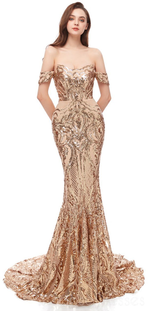 Off Shoulder Sparkly Gold Sequin Mermaid Evening Prom Dresses, Evening Party Prom Dresses, 12105