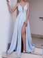 V Neck Spaghetti Straps Side Slit Blue Mermaid Long Evening Prom Dresses, 17507