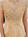 Gold Rhinestone Cap-Sleeves Heavily Beaded Mermaid Evening Prom Dresses, Evening Party Prom Dresses, 12042