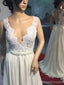 See Through V Neck Simple Beaded Cheap Beach Wedding Dresses, WD319
