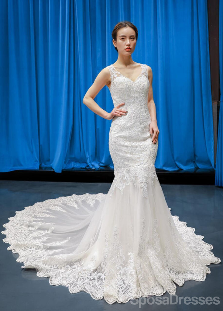 V Neck Lace Mermaid Wedding Dresses, Cheap Wedding Gown, WD721 ...
