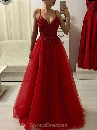 Spaghetti Straps Red Lace Beaded Long Cheap Evening Prom Dresses, Evening Party Prom Dresses, 12349
