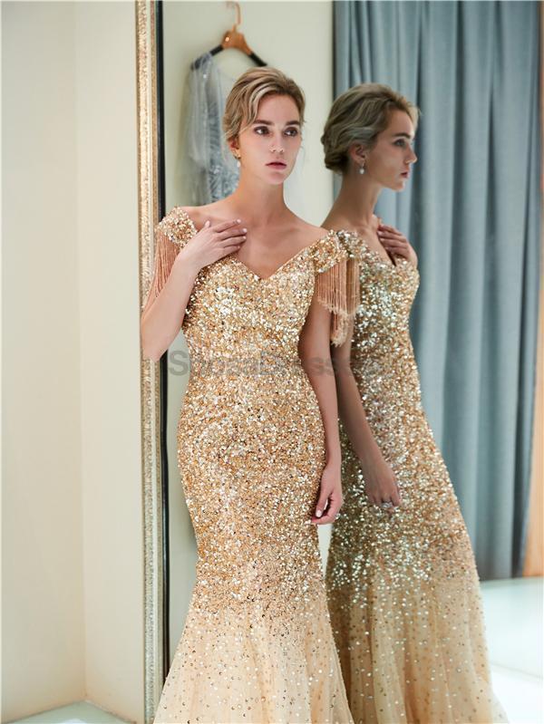 Off Shoulder Mermaid Gold Beaded Evening Prom Dresses, Evening Party P SposaDresses Off Shoulder Mermaid Gold Beaded Evening Prom Dresses, Evening Party P SposaDresses