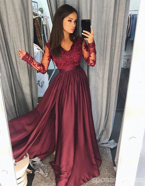 Long Sleeve Lace Maroon Side Slit A line Long Evening Prom Dresses, Popular Cheap Long Custom Party Prom Dresses, 17336