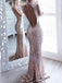 Sexy Open Back Rose Gold Sequin Long Evening Prom Dresses, 17485