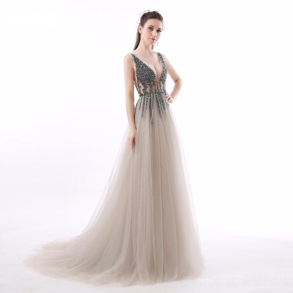Sexy See Through V Neck Beaded Tulle A line Long Evening Prom Dresses ...