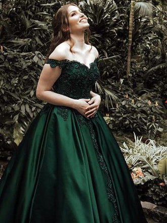 Off Shoulder Dark Green A-line Long Evening Prom Dresses, Cheap Sweet 16 Dresses, 18366