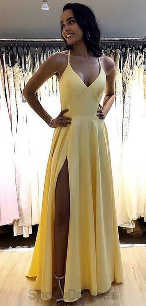Simple V Neck Side Slit Yellow Long Evening Prom Dresses, Evening Party Prom Dresses, 12141
