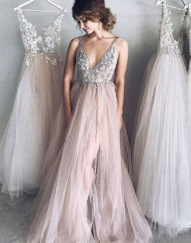 Pale Blush Pink Sexy Deep V Neckline Lace Beaded Long Evening Prom Dresses, Popular Cheap Long 2018 Party Prom Dresses, 17302