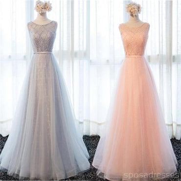 Gray Lace Beaded Soft Tulle Long Bridesmaid Dresses, BD018