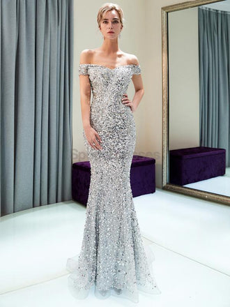 Off Shoulder Sparkly Heavily Beaded Mermaid Evening Prom Dresses, Evening Party Prom Dresses, 12034