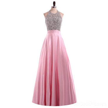 Sexy Backless Halter Heavily Beaded Pink Long Evening Prom Dresses, Popular Cheap Long 2018 Party Prom Dresses, 17236