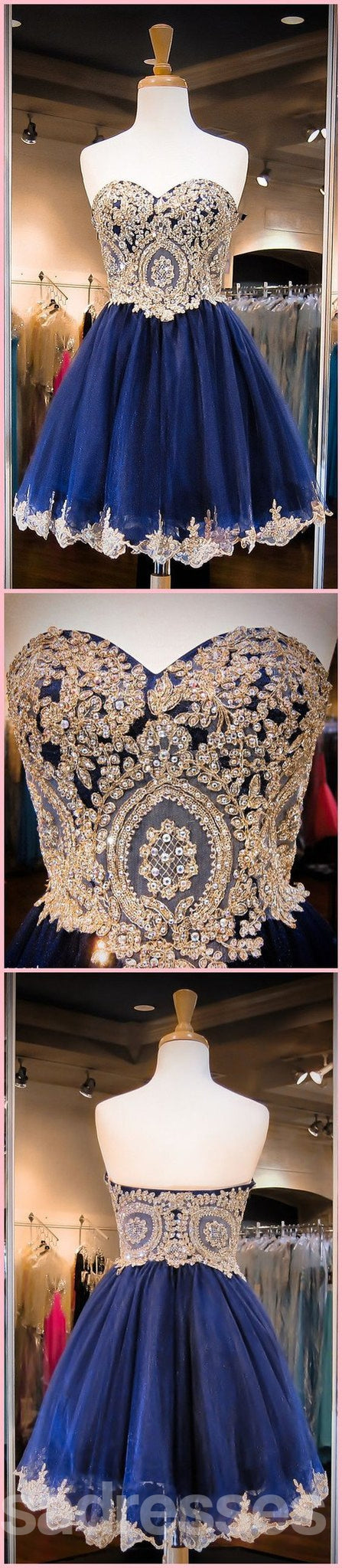 blue and gold homecoming dress A-Line Gold/Blue Lace Short Prom Dress, Cute Homecoming Dress with Beading US 8 / Gold/Blue