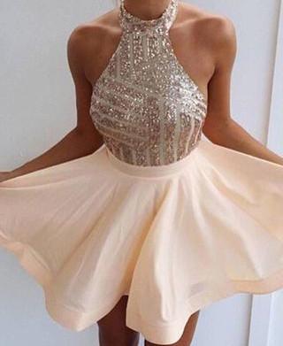 Halter Sparkly Sequin Short Homecoming Prom Dresses, Cheap Party Prom Sweet 16 Dresses, CM378