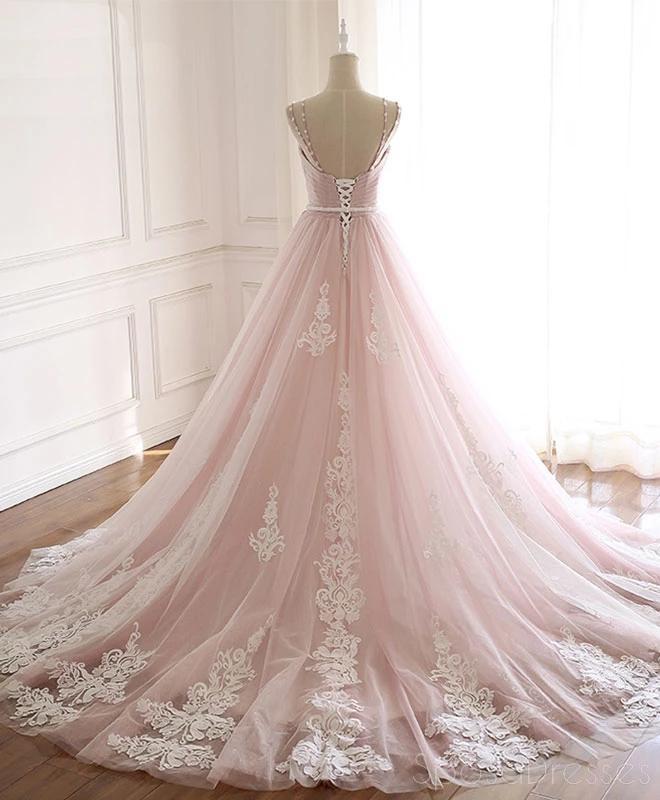 Pale Pink Lace Beaded A-line Long Evening Prom Dresses, Evening Party Prom Dresses, 12209