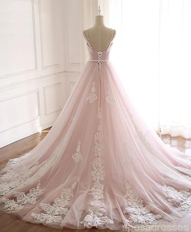 Pale Pink Lace Beaded A-line Long Evening Prom Dresses, Evening Party – SposaDresses