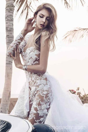 Unique See Through Short One Shoulder Long Sleeve Wedding Dresses,WD734