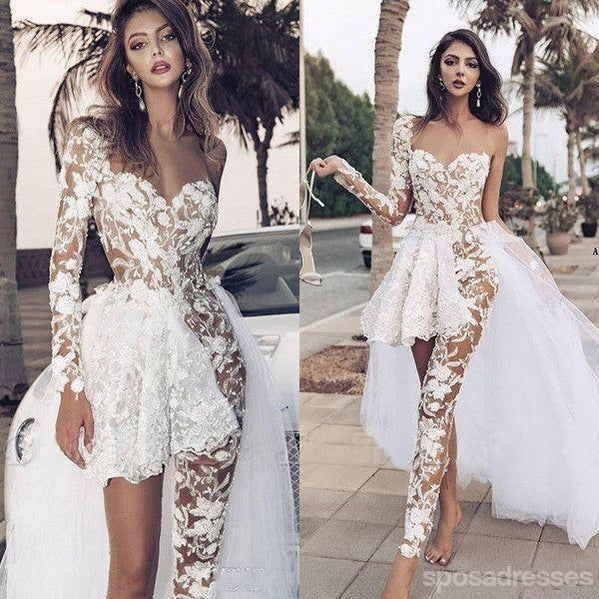 Unique See Through Short One Shoulder Long Sleeve Wedding Dresses,WD734