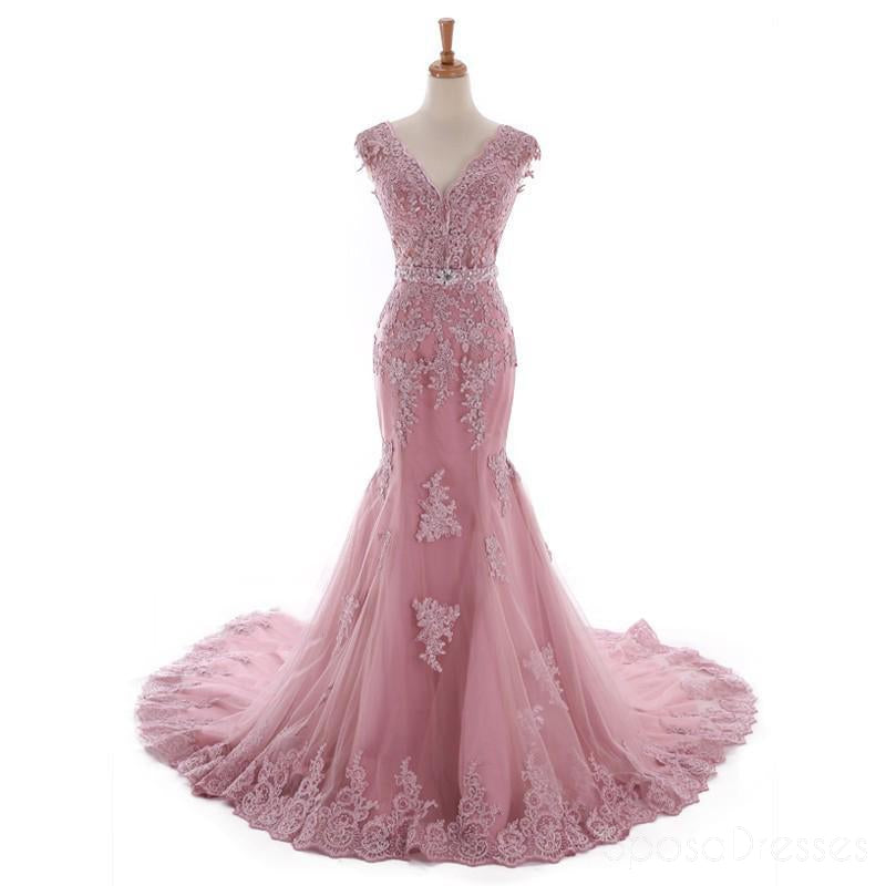 Sexy Lace Mermaid V Neckline Dusty Pink Long Evening Prom Dresses, Popular Cheap Long 2018 Party Prom Dresses, 17226
