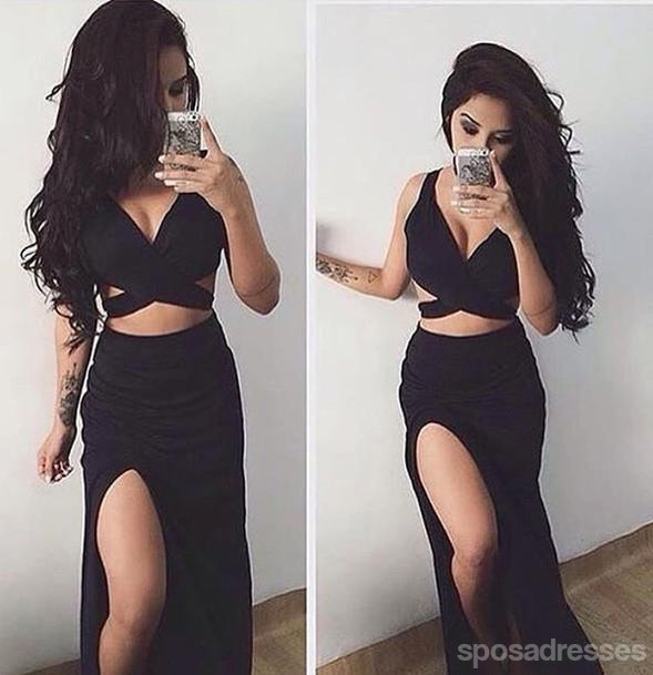 Sexy Black Two Pieces Evening Prom Dresses, 2017 Side Slit Prom Dresses, Custom Long Long Prom Dress ,PD0171