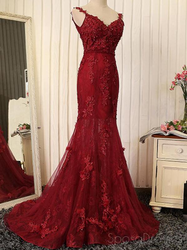Red Lace Mermaid V-neck Cheap Long Evening Prom Dresses, Evening Party Prom Dresses, 18643